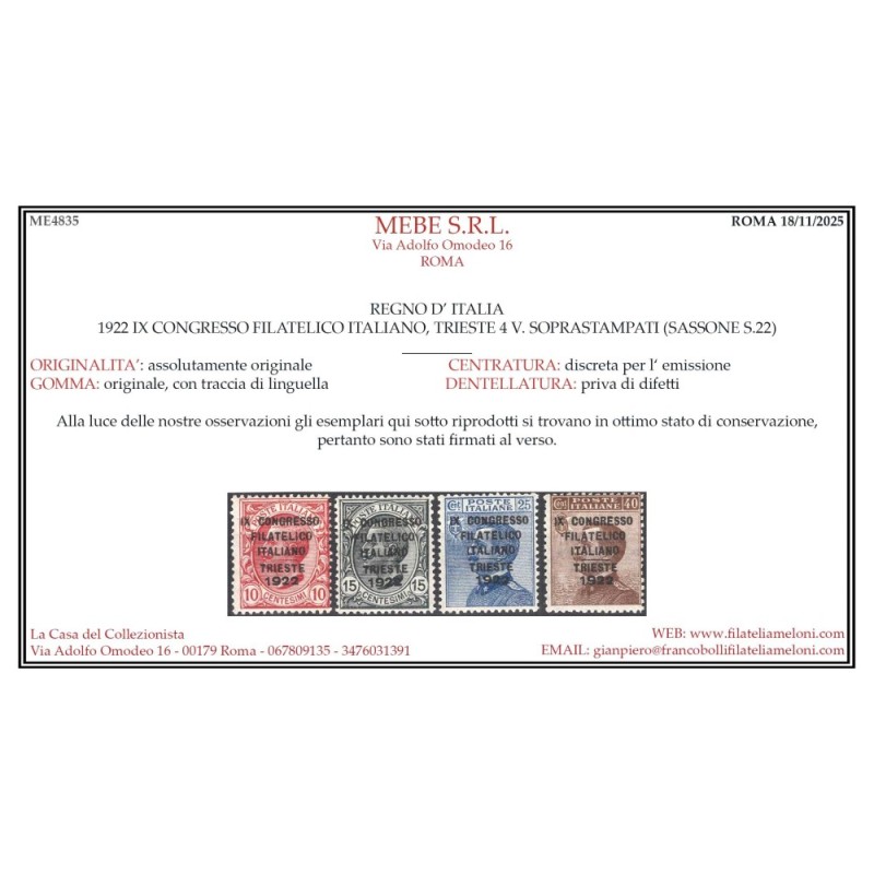 REGNO D'ITALIA 1922 CONGRESSO FILATELICO ITALIANO 4 VALORI G.O MH* ...