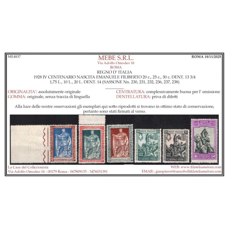 REGNO D'ITALIA 1928 FILIBERTO E VITTORIA 13 VALORI G.I MNH** CERT. ...