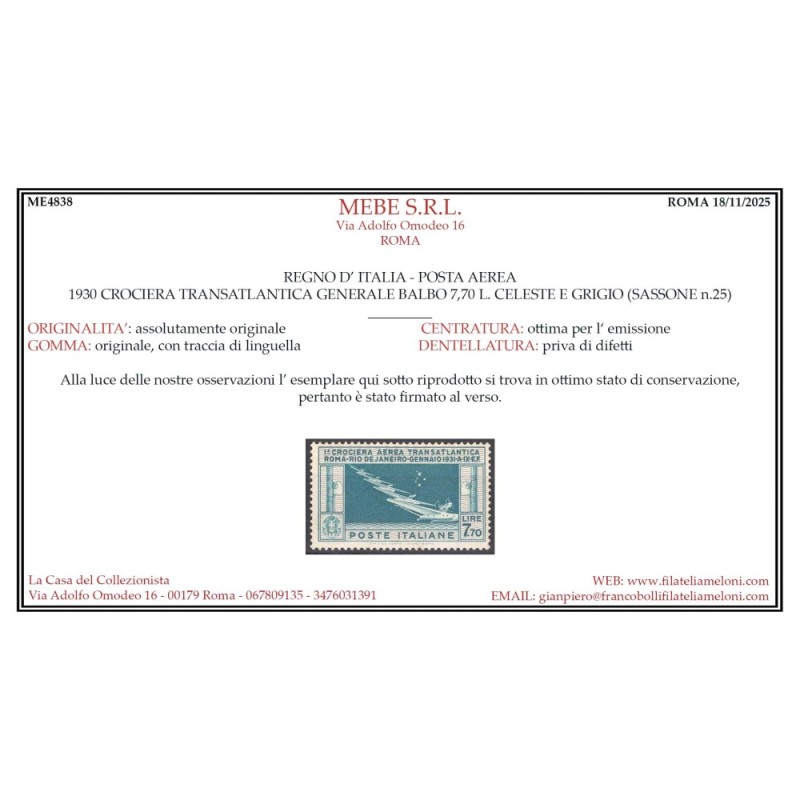 REGNO D'ITALIA 1930 P/A CROCIERA BALBO 7,70 LIRE N.25 G.O MH* CERT....