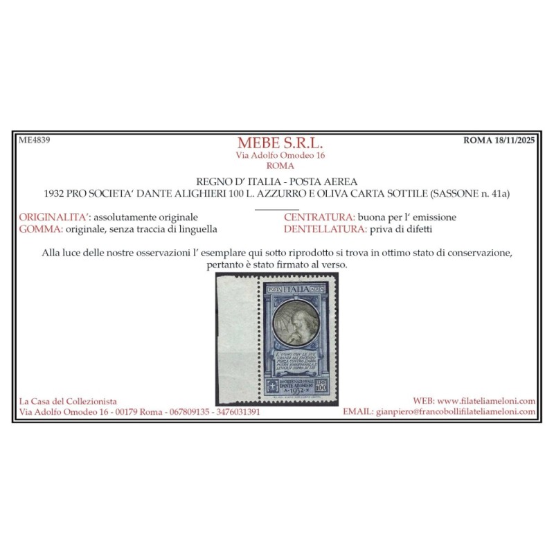 REGNO D'ITALIA 1932 DANTE ALIGHIERI 100 LIRE CARTA SOTTILE N.41a G....