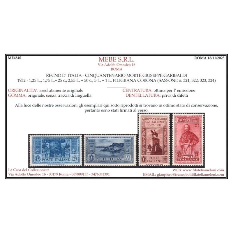 REGNO D'ITALIA 1932 GIUSEPPE GARIBALDI 17 VALORI G.I MNH** CERT.  |...