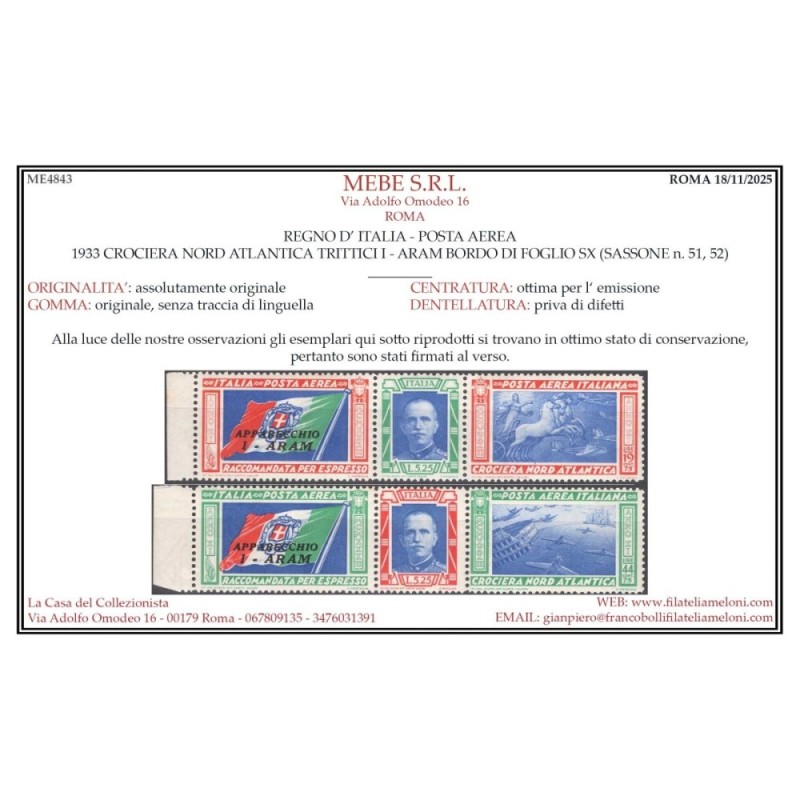 REGNO 1933 P/A TRITTICI CROCIERA NORD ATLANTICA I – ARAM 2 V. G.I M...