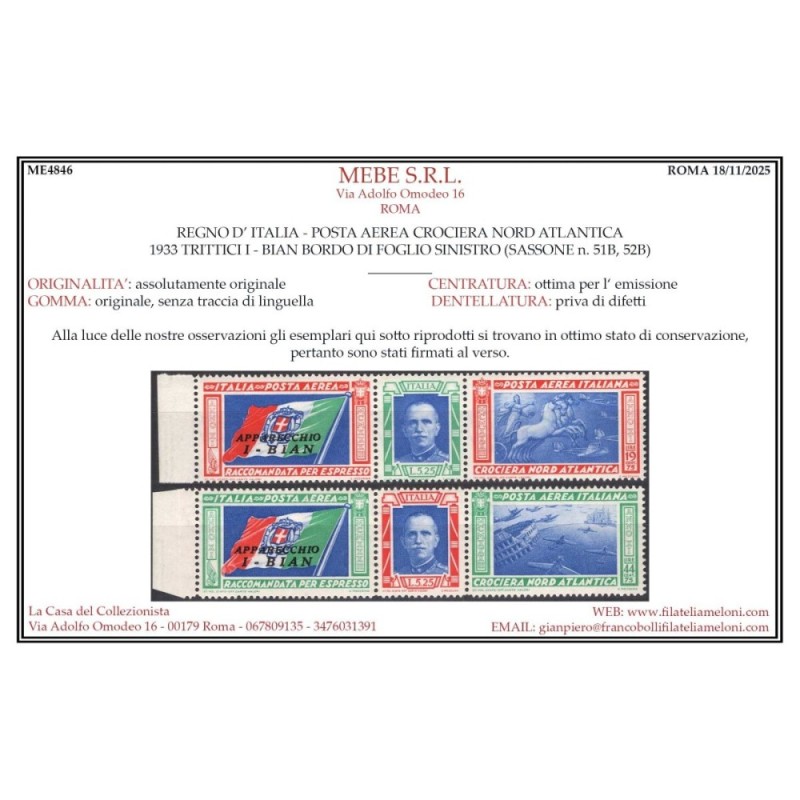 REGNO 1933 P/A TRITTICI CROCIERA NORD ATLANTICA I – BIAN 2 V. G.I M...