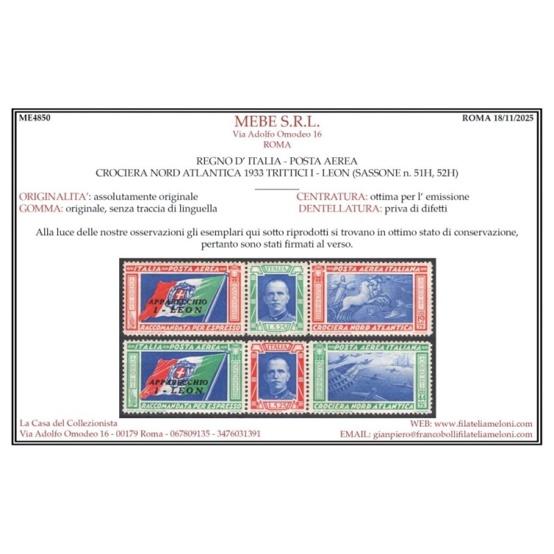 REGNO 1933 P/A TRITTICI CROCIERA NORD ATLANTICA I – LEON 2 V. G.I M...