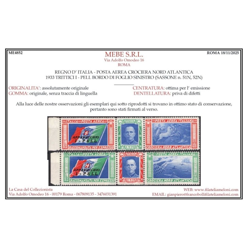REGNO 1933 P/A TRITTICI CROCIERA NORD ATLANTICA I – PELL 2 V. G.I M...