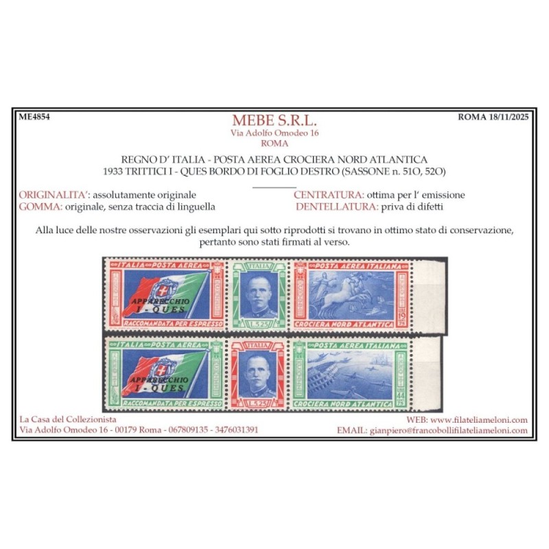 REGNO 1933 P/A TRITTICI CROCIERA NORD ATLANTICA I – QUES 2 V. G.I M...