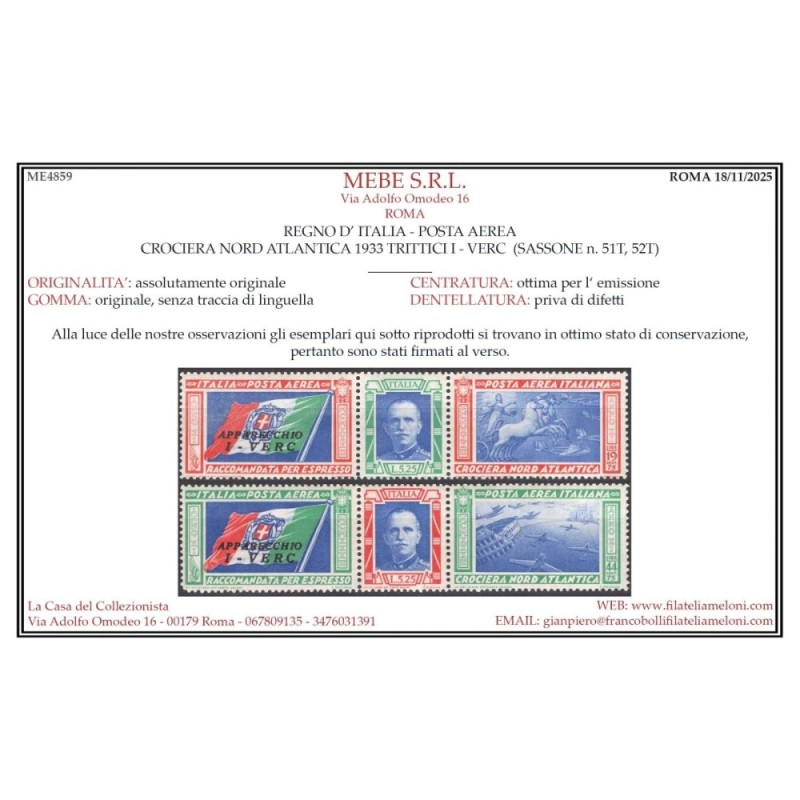 REGNO 1933 P/A TRITTICI CROCIERA NORD ATLANTICA I – VERC 2 V. G.I M...