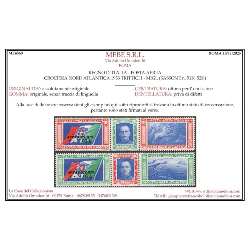 REGNO 1933 P/A TRITTICI CROCIERA NORD ATLANTICA I – MIGL 2 V. G.I M...