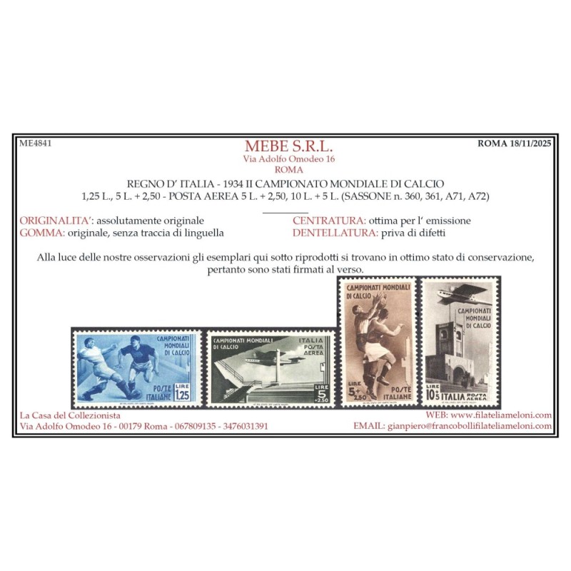 REGNO D'ITALIA 1934 CAMPIONATI DI CALCIO 9 V. G.I MNH** CERT.  | Fi...