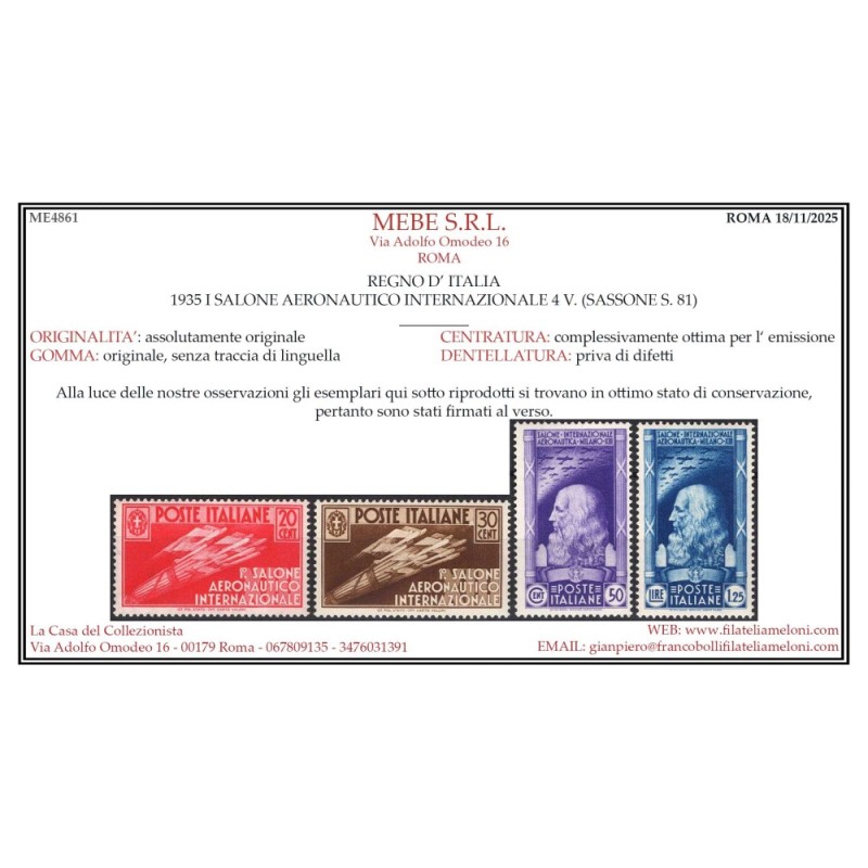 REGNO D'ITALIA 1935 SALONE AEREONAUTICO 4 V. G.I MNH** CERT.  | Fil...