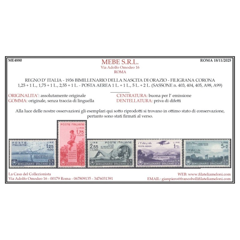 REGNO D'ITALIA 1936 BIMILLENARIO ORAZIO 13 V. G.I MNH** CERT.  | Fi...