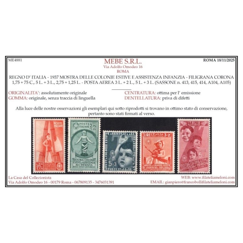 REGNO D'ITALIA 1937 COLONIE ESTIVE E INFANZIA 16 V. G.I MNH** CERT....