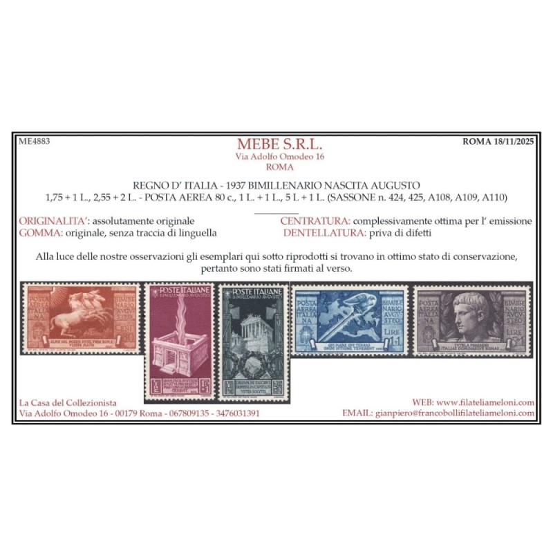 REGNO D'ITALIA 1937 BIMILLENARIO AUGUSTO 15 V. G.I MNH** CERT.  | F...