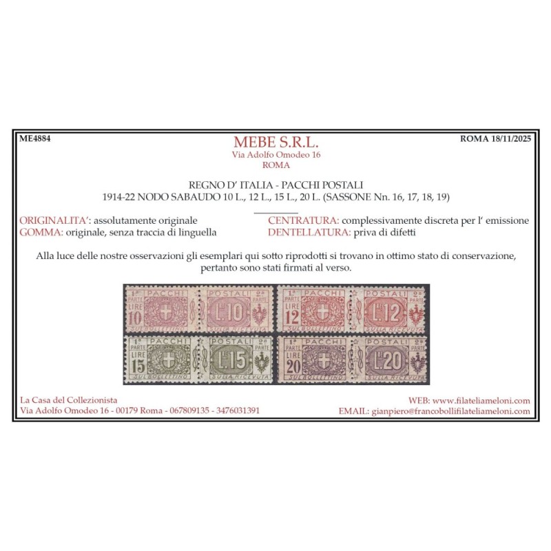 REGNO D'ITALIA 1914-22 PACCHI POSTALI NODO 13 VALORI G.I MNH** CERT...