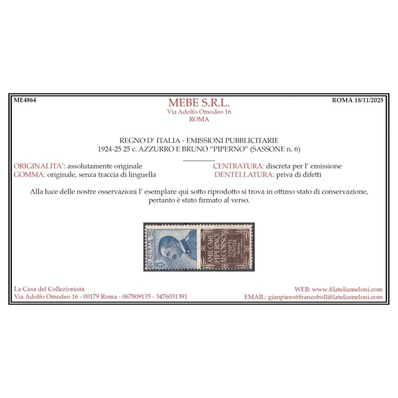 REGNO 1924-25 PUBBLICITARI 25 CENTESIMI PIPERNO N.6 G.I MNH** CERT....