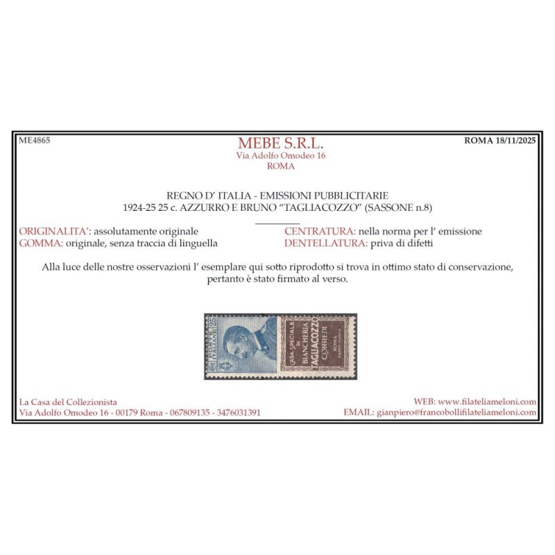 REGNO 1924-25 PUBBLICITARI 25 CENTESIMI TAGLIACOZZO N.8 G.I MNH** C...