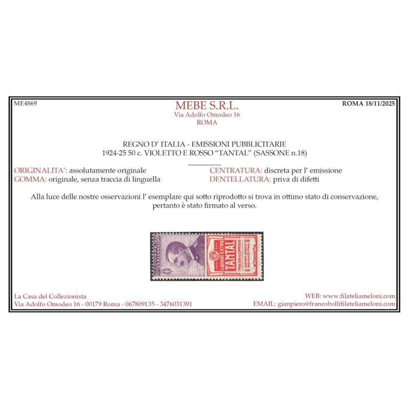 REGNO 1924-25 PUBBLICITARI 50 CENTESIMI TANTAL N.18 G.I MNH** CERT....