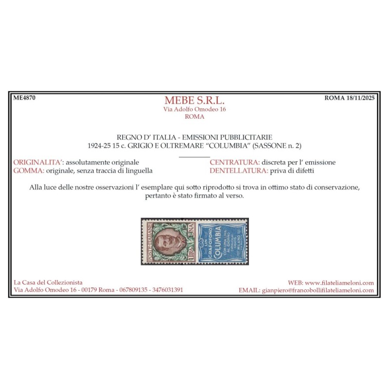 REGNO 1924-25 PUBBLICITARI 1 LIRA COLUMBIA N.19 G.I MNH** CERT.  | ...