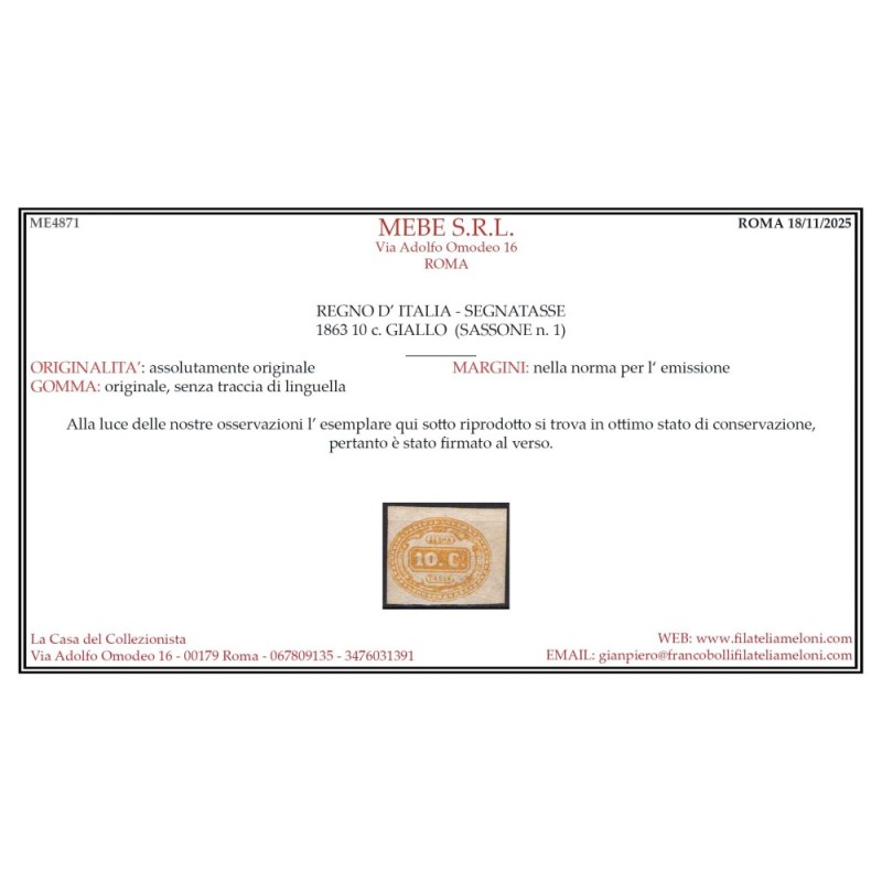 REGNO D'ITALIA 1863 SEGNATASSE N.1 G.I MNH** CERT.  | Filatelia Meloni