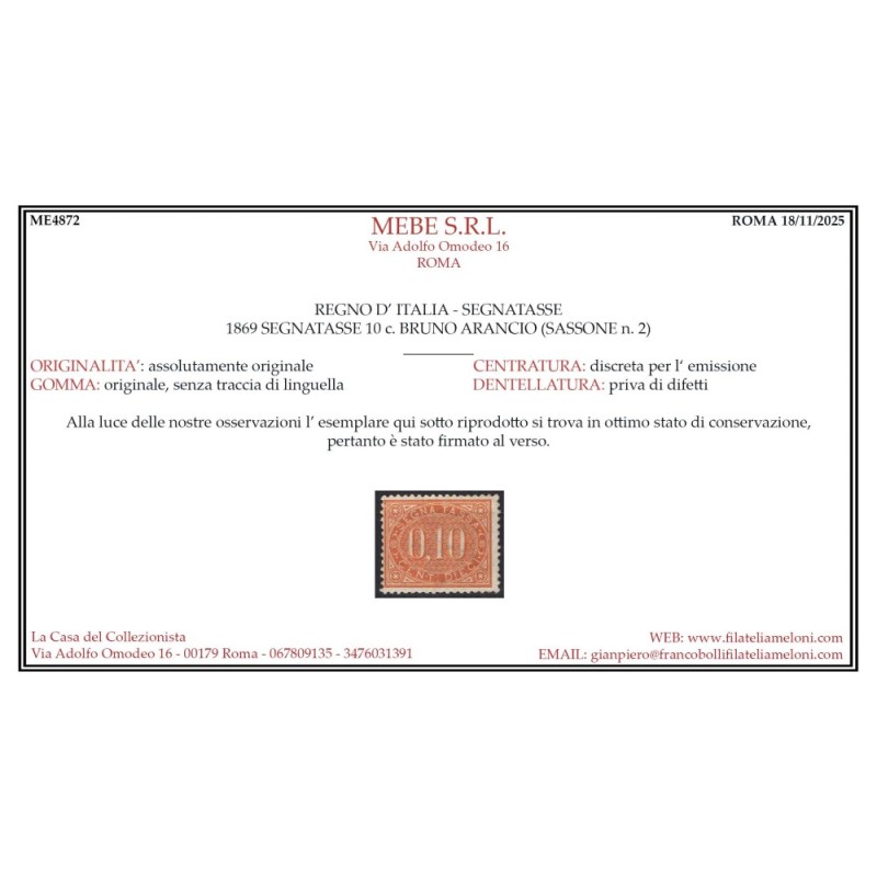 REGNO D'ITALIA 1869 SEGNATASSE N.2 G.I MNH** CERT.  | Filatelia Meloni