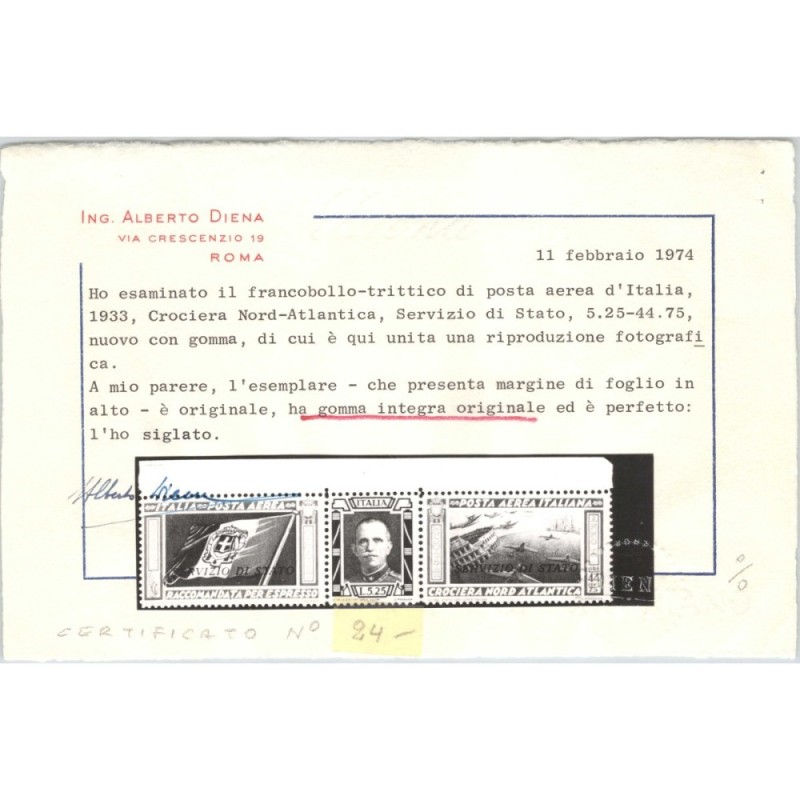 REGNO D'ITALIA 1933 TRITTICO SERVIZIO DI STATO N.1 G.I MNH** CERT. ...