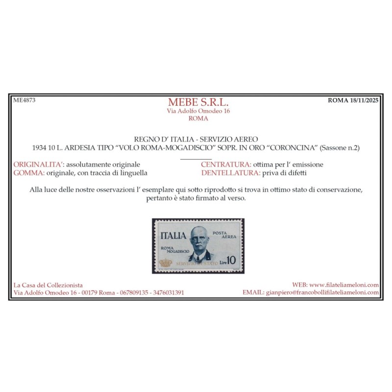 REGNO D'ITALIA 1934 SERVIZIO DI STATO CORONCINA N.2 G.I MNH** CERT....