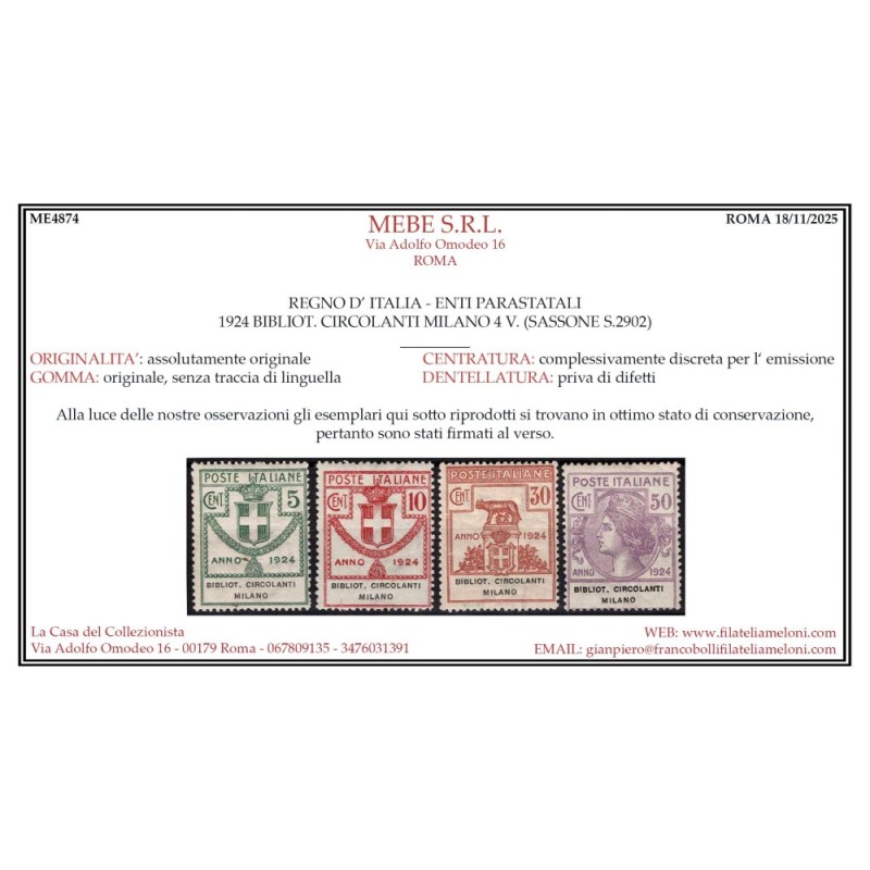 REGNO 1924 PARASTATALI BIBLIOT. CIRCOLANTI MILANO 4 V. G.O MLH* CER...