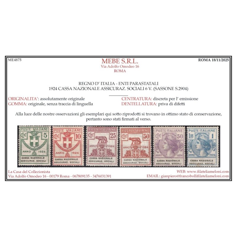 REGNO 1924 PARASTATALI CASSA NAZ. ASSICURAZIONI SOCIALI 6 V. G.I MN...