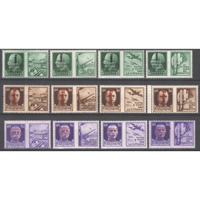 R.S.I. SOCIALE 1944 PROPAGANDA DI GUERRA 8 V. ROSSO BRUNO G.I MNH**...