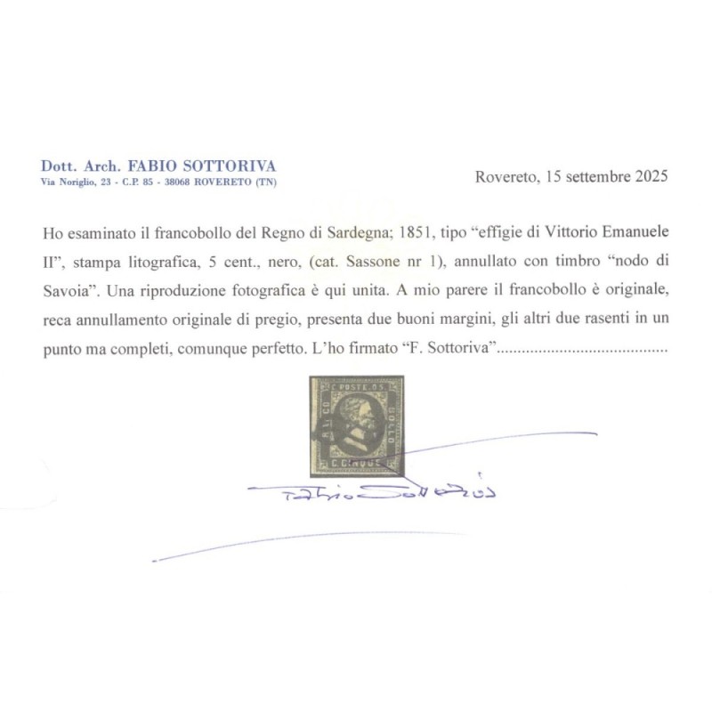 SARDEGNA 1851 SERIE COMPLETA 3 V. N.1-3 US. CERT.  | Filatelia Meloni