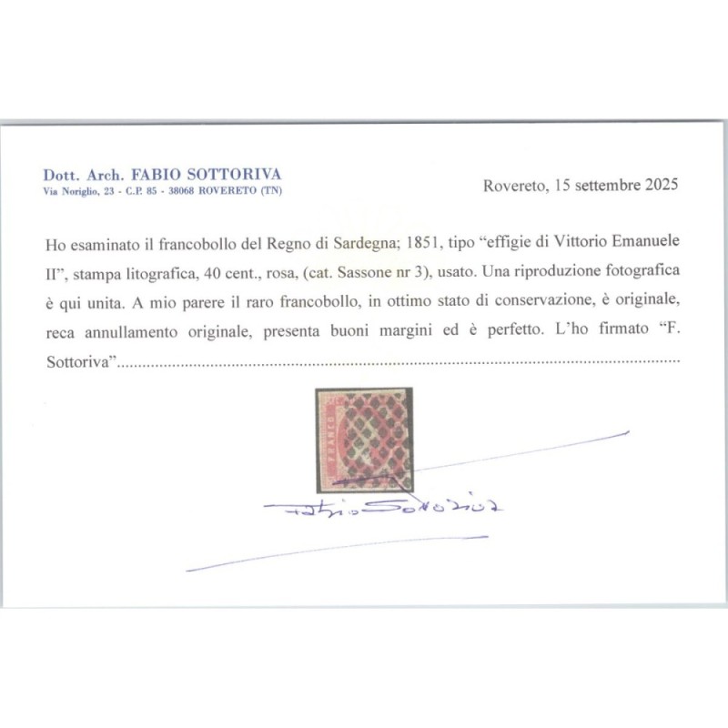 SARDEGNA 1851 SERIE COMPLETA 3 V. N.1-3 US. CERT.  | Filatelia Meloni