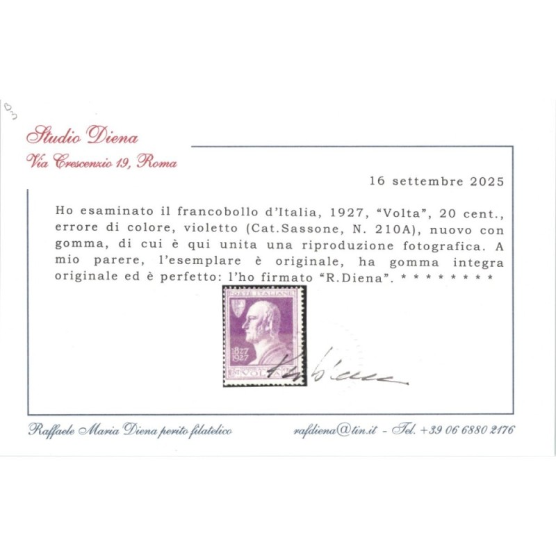 REGNO D'ITALIA 1927 VOLTA VIOLETTO N.210A G.I MNH** CERT.  | Filate...
