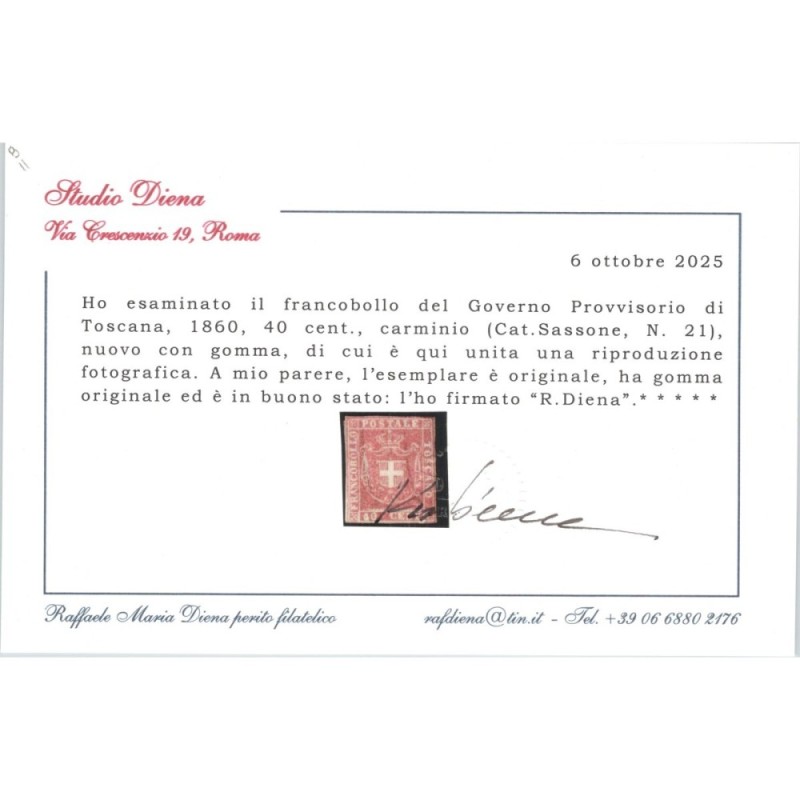 TOSCANA 1860 GOVERNO PROVVISORIO 40 CENTESIMI N.21 G.O MH* CERT.  |...