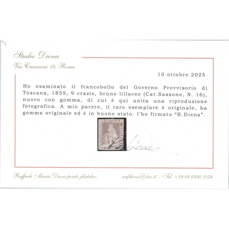 TOSCANA 1860 GOVERNO PROVVISORIO 9 CRAZIE N.16 G.O MH* CERT.  | Fil...
