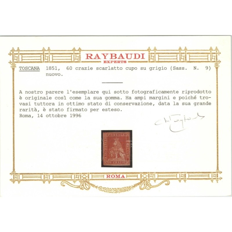 TOSCANA 1851-52 60 CRAZIE N.9 G.O MLH* 3 CERT.  | Filatelia Meloni