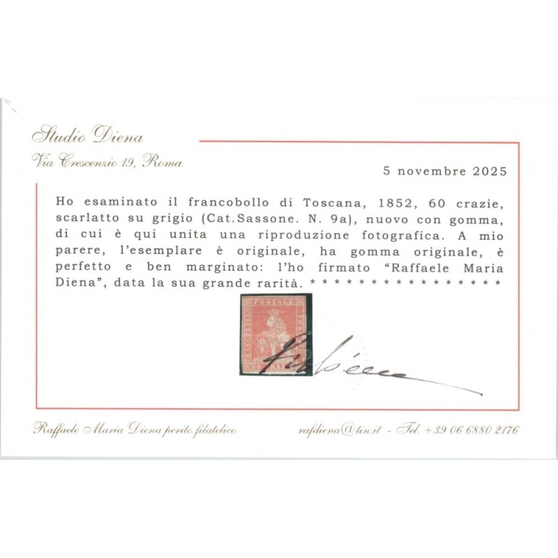 TOSCANA 1851-52 60 CRAZIE N.9 G.O MLH* 3 CERT.  | Filatelia Meloni