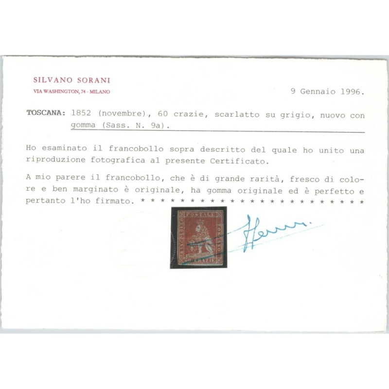 TOSCANA 1851-52 60 CRAZIE N.9 G.O MLH* 3 CERT.  | Filatelia Meloni