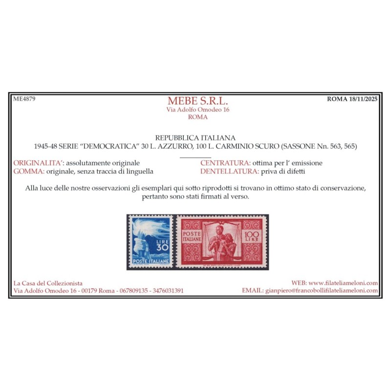 REPUBBLICA 1945-46 DEMOCRATICA 23 V. G.I MNH** CERT.  | Filatelia M...