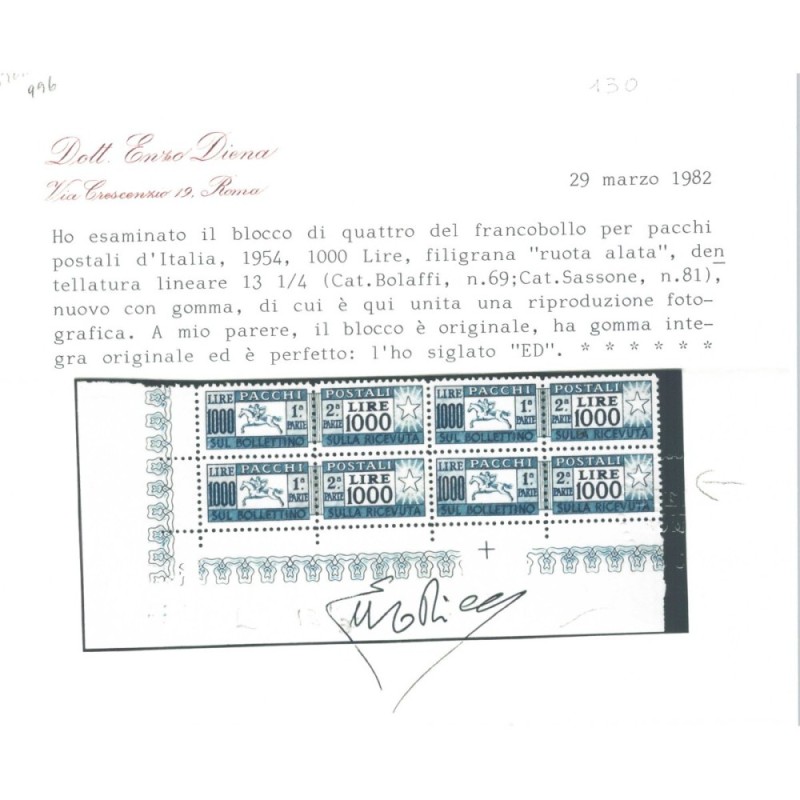 REPUBBLICA 1954 PACCHI POSTALI RUOTA CAVALLINO N.81 G.I MNH** CERT....