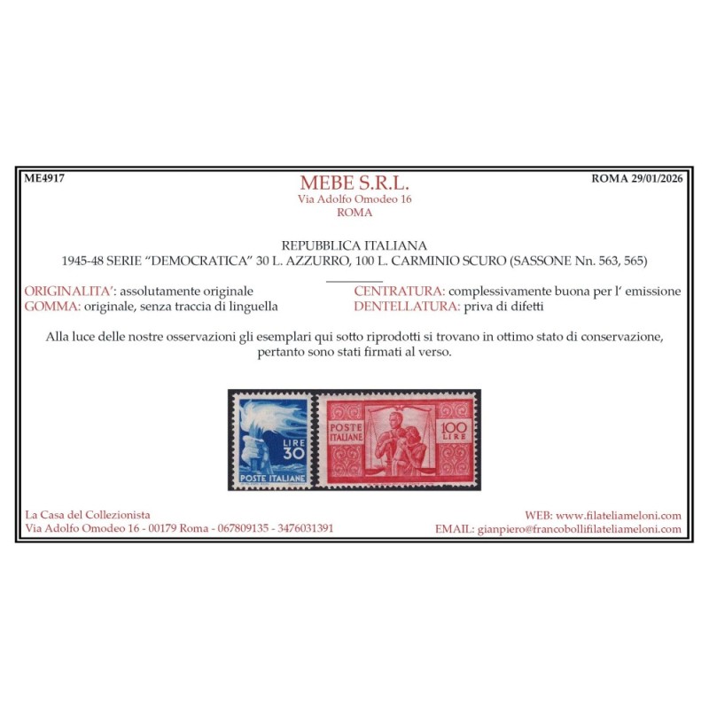 REPUBBLICA 1945-46 DEMOCRATICA 23 VALORI G.I MNH** CERT.  | Filatel...