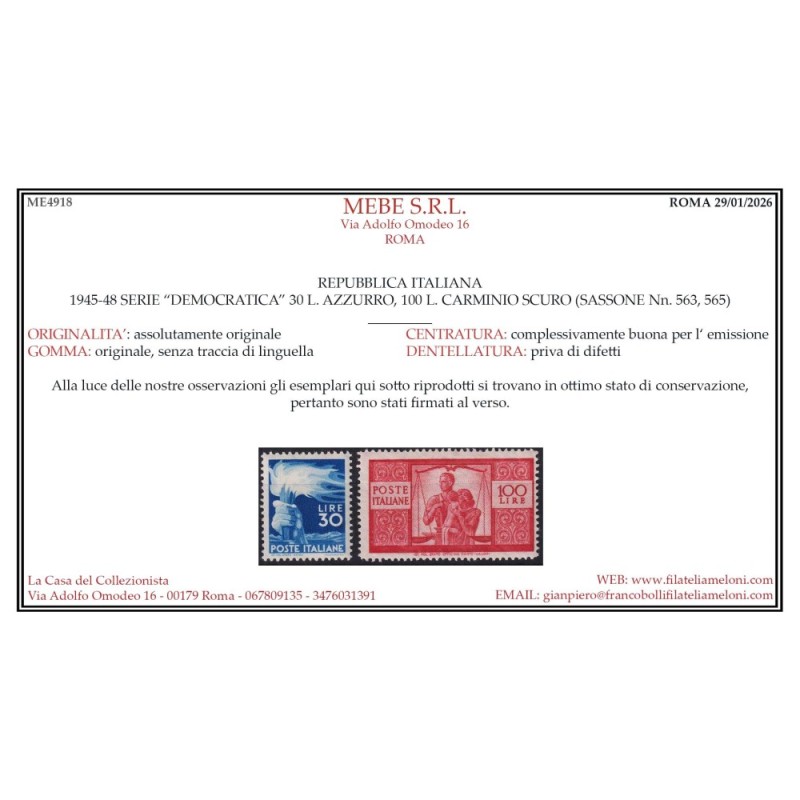 REPUBBLICA 1945-46 DEMOCRATICA 23 VALORI G.I MNH** CERT.  | Filatel...