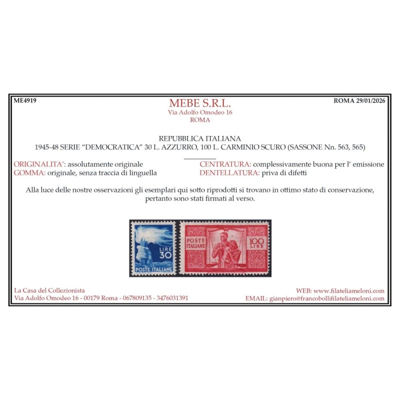 REPUBBLICA 1945-46 DEMOCRATICA 23 VALORI G.I MNH** CERT.  | Filatel...
