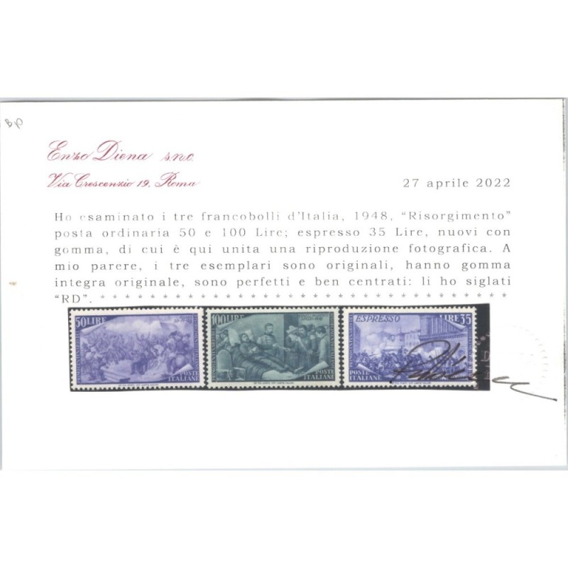 REPUBBLICA 1948 RISORGIMENTO 13 VALORI G.I MNH** CERT.  | Filatelia...