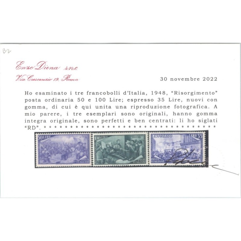 REPUBBLICA 1948 RISORGIMENTO 13 VALORI G.I MNH** CERT.  | Filatelia...