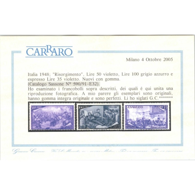 REPUBBLICA 1948 RISORGIMENTO 13 VALORI G.I MNH** CERT.  | Filatelia...