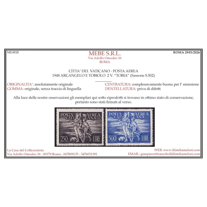 VATICANO 1948 POSTA AEREA TOBIA 2 V. G.I MNH** CERT.  | Filatelia M...