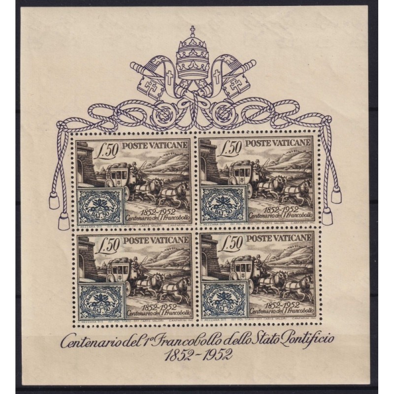 VATICANO 1952 FOGLIETTO CENTENARIO PRIMI FRANCOBOLLI N.1 G.I MNH** ...
