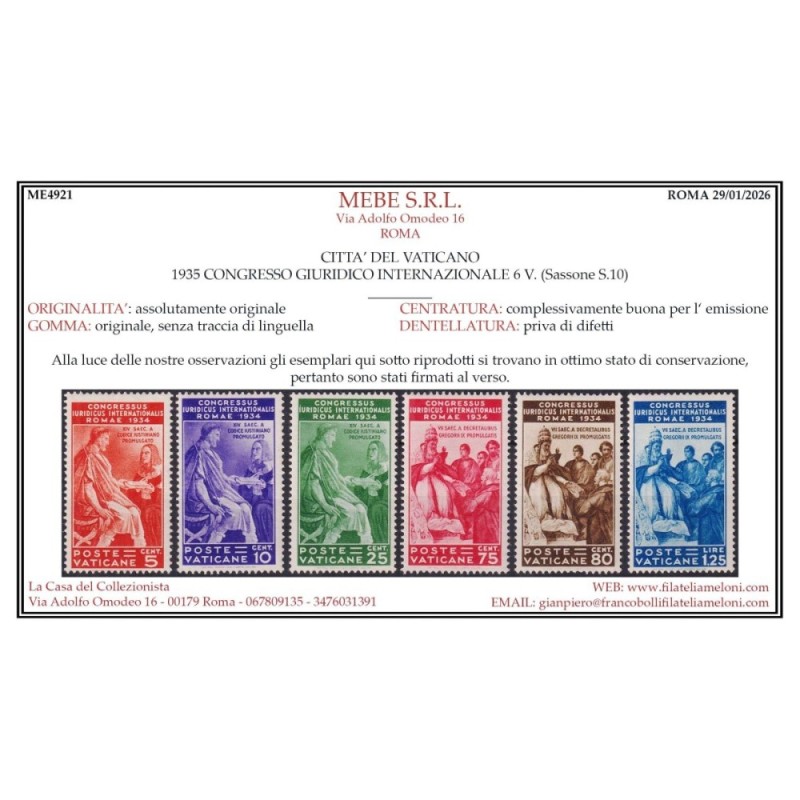 VATICANO 1935 CONGRESSO GIURIDICO INTERNAZIONALE 6 V. G.I MNH** CER...