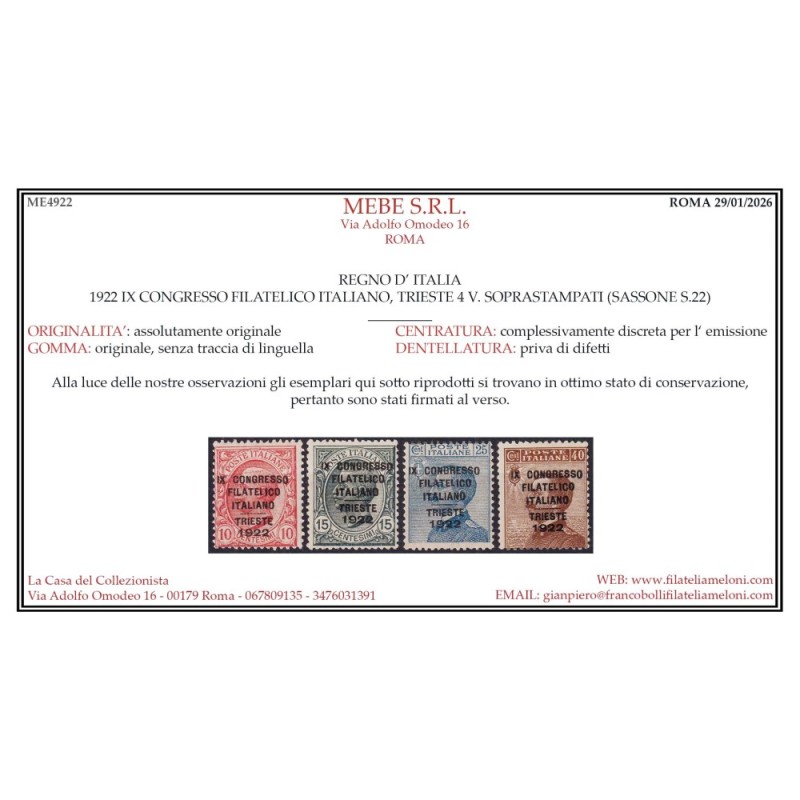 REGNO D'ITALIA 1922 CONGRESSO FILATELICO ITALIANO 4 V. G.O MH* CERT...
