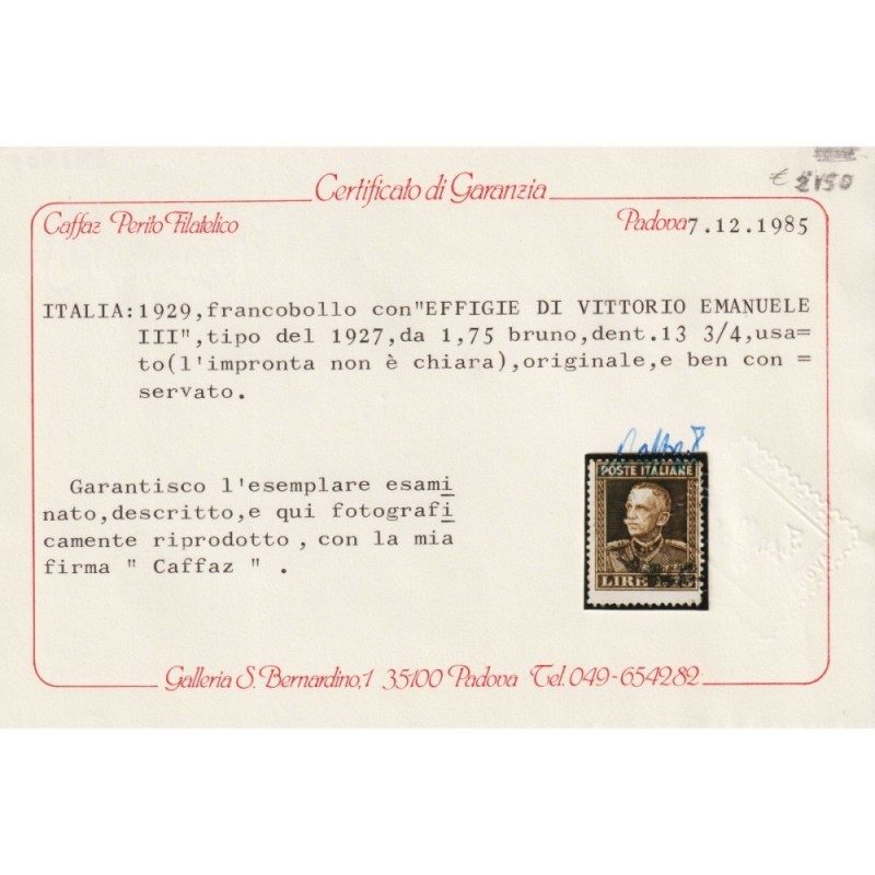 REGNO D'ITALIA 1929 PARMEGGIANI 1,75 LIRE N.242 US. CERT.  | Filate...